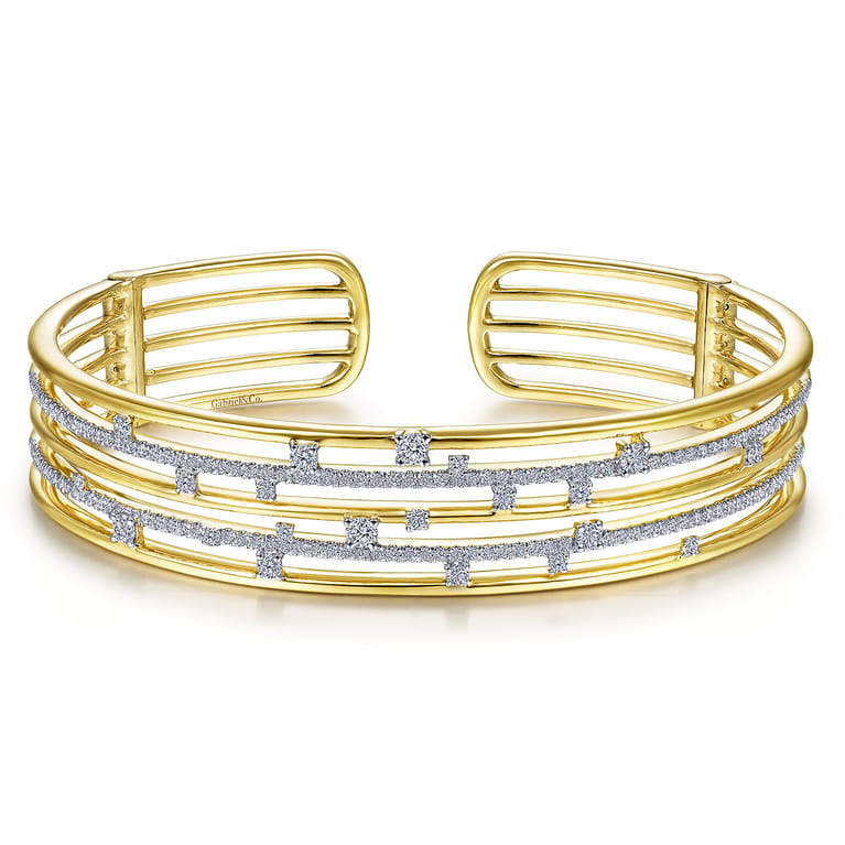 14K Yellow Gold Multi Row Cuff Bracelet with Diamonds - 1.25 ct - Shot 1