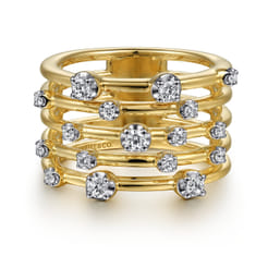 14K Yellow Gold Multi Row Diamond Wide Band Ring