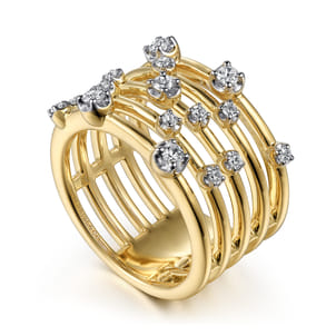 14K Yellow Gold Multi Row Diamond Wide Band Ring