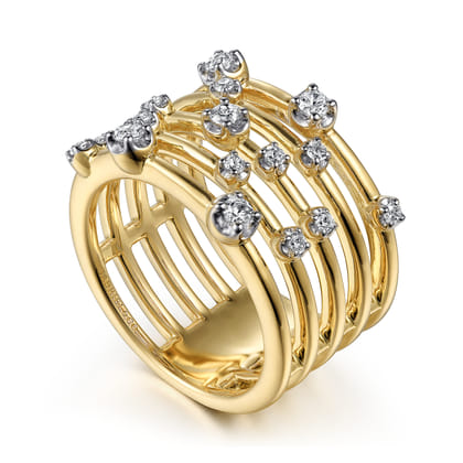 14K Yellow Gold Multi Row Diamond Wide Band Ring