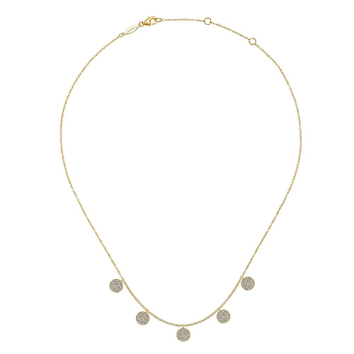14K Yellow Gold Necklace with Round Diamond Pave Disc Drops - 0.75 ct - Shot 2