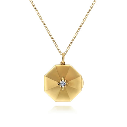 14K Yellow Gold Octagonal Locket Necklace with Diamond Star Center