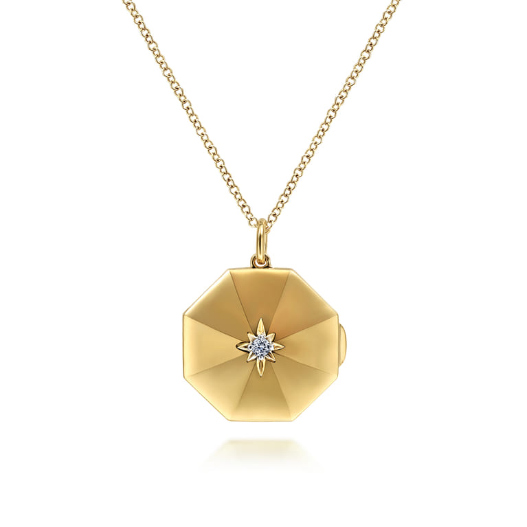 14K Yellow Gold Octagonal Locket Necklace with Diamond Star Center - 0.03 ct - Shot 1
