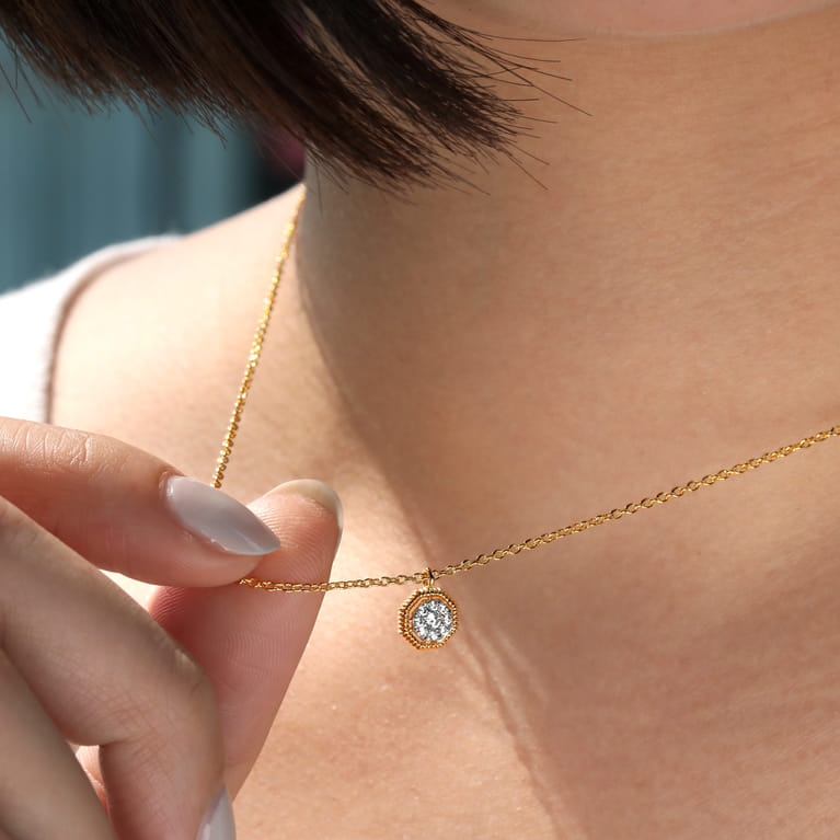 14K Yellow Gold Octagonal Pave Diamond Pendant Necklace - 0.09 ct - Shot 3