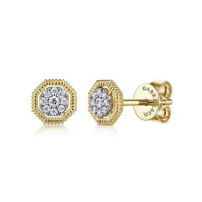 14K Yellow Gold Octagonal Pave Diamond Stud Earrings