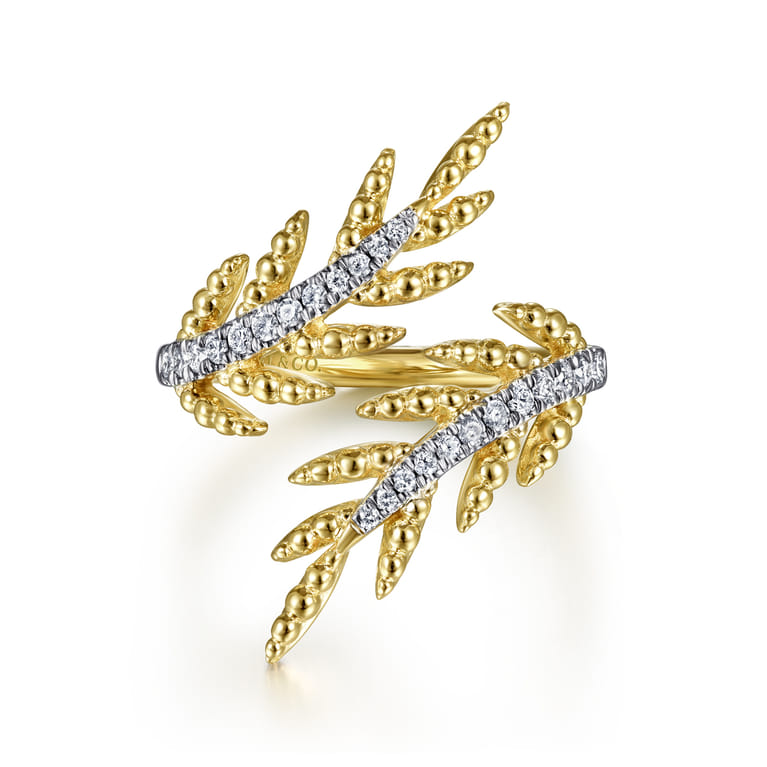 14K Yellow Gold Olive Branch Bypass Ring with Diamonds - 0.2 ct - Shot 1