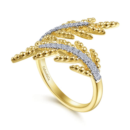 14K Yellow Gold Olive Branch Bypass Ring with Diamonds
