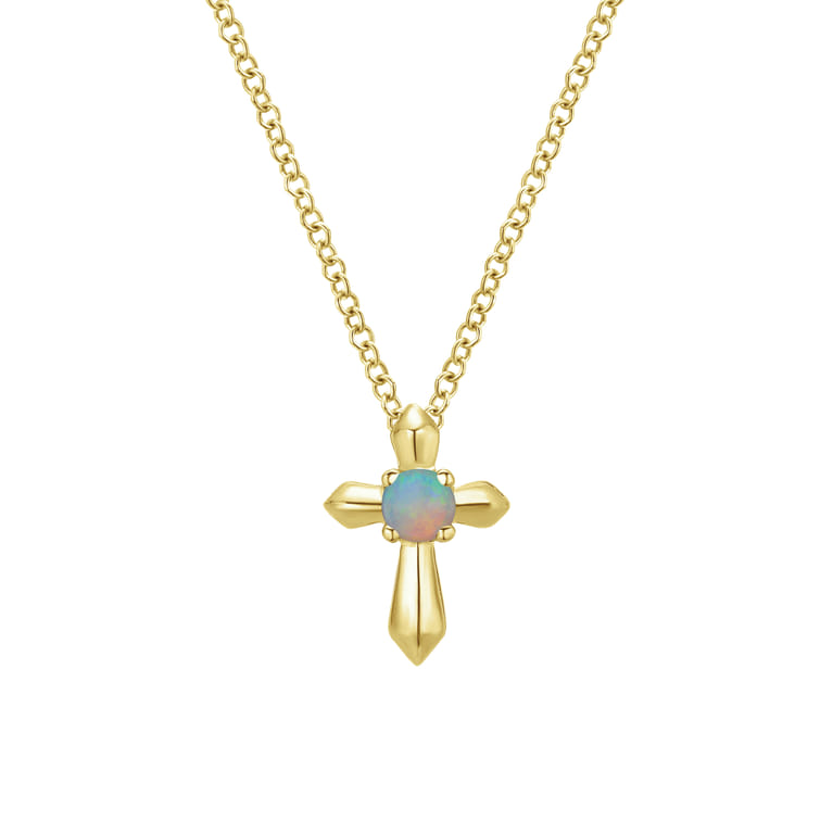 14K Yellow Gold Opal Cross Pendant Necklace - Shot 1