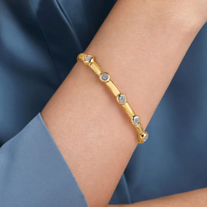 14K Yellow Gold Open Bangle with Diamond Stations