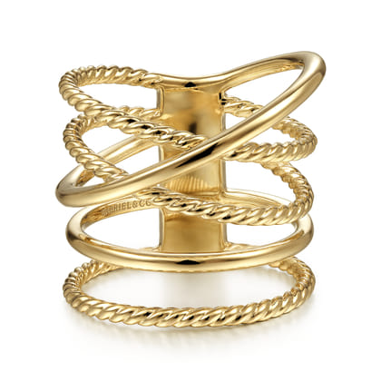 14K Yellow Gold Open Criss Crossing Twisted Rope Wide Band