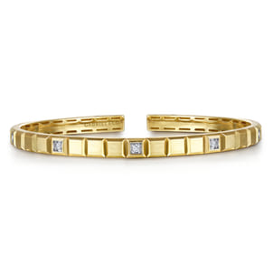 14K Yellow Gold Open Cuff Bracelet with Diamond Stations