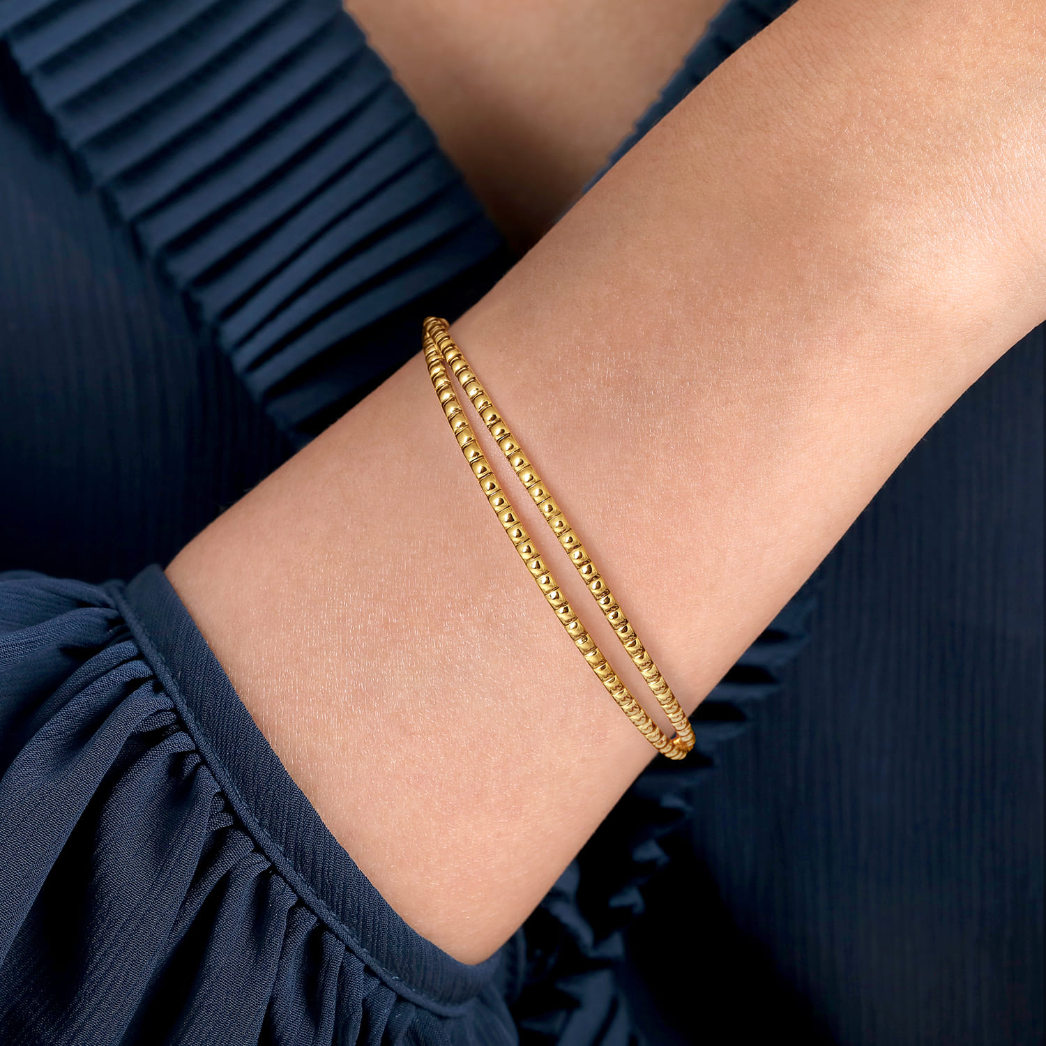 14K Yellow Gold Open Double Row Textured Bangle - Shot 4