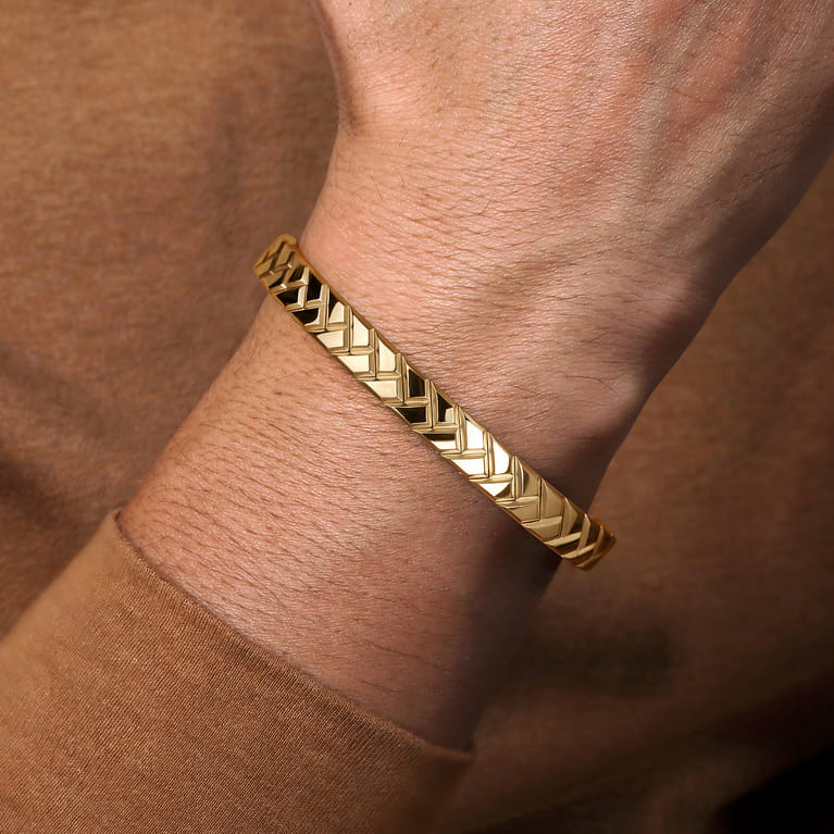 14K Yellow Gold Open Herringbone Cuff Bangle - Shot 4
