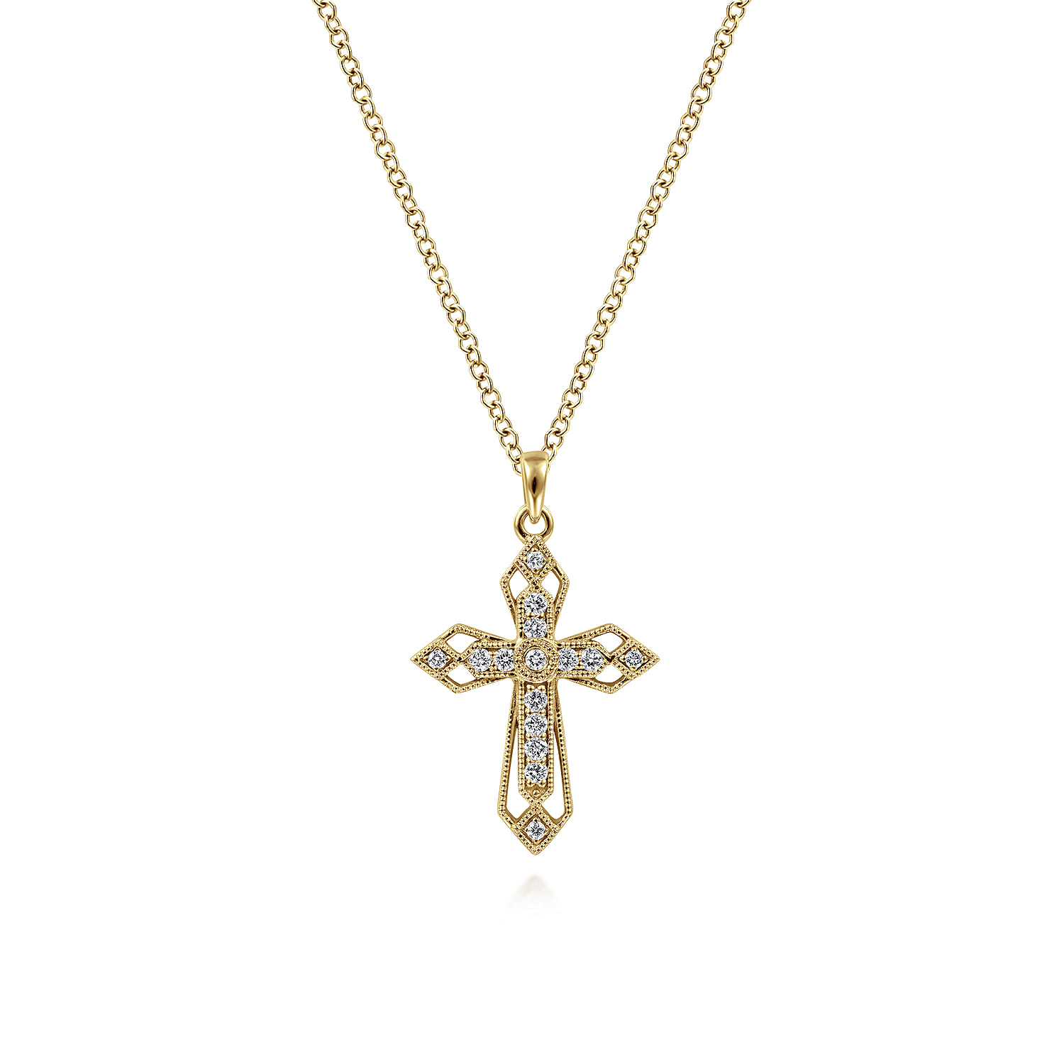 14K Yellow Gold Openwork Diamond Cross Necklace - 0.1 ct - Shot 1