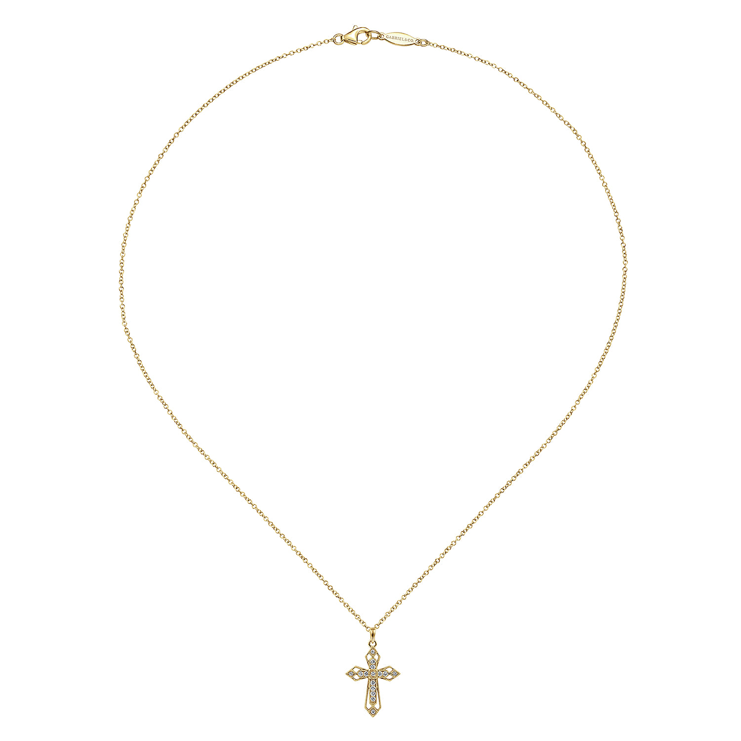 14K Yellow Gold Openwork Diamond Cross Necklace - 0.1 ct - Shot 2