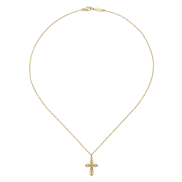 14K Yellow Gold Openwork Diamond Cross Necklace - 0.1 ct - Shot 2