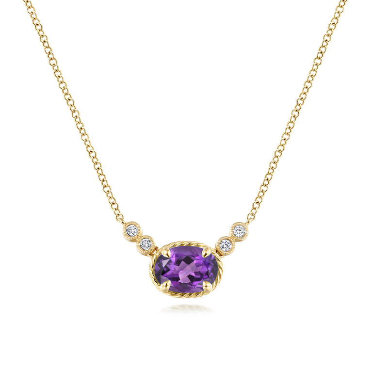 14K Yellow Gold Oval Amethyst Pendant Necklace with Diamond Accents - 0.06 ct - Shot 1