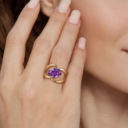 14K Yellow Gold Oval Amethyst Twist Ladies Ring