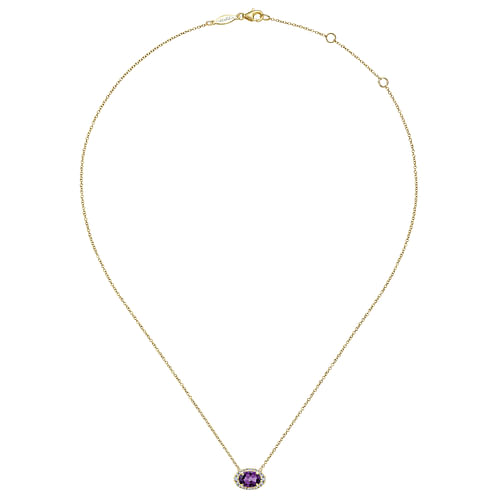 14K Yellow Gold Oval Amethyst and Diamond Halo Pendant Necklace - 0.14 ct - Shot 2