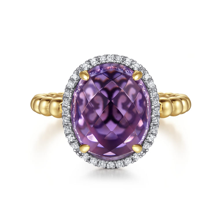 14K Yellow Gold Oval Amethyst and Diamond Halo Ring - 0.16 ct - Shot 1