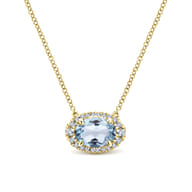 14K Yellow Gold Oval Aquamarine and Diamond Halo Pendant Necklace