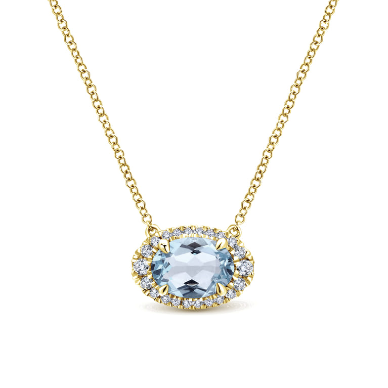 14K Yellow Gold Oval Aquamarine and Diamond Halo Pendant Necklace - 0.14 ct - Shot 1
