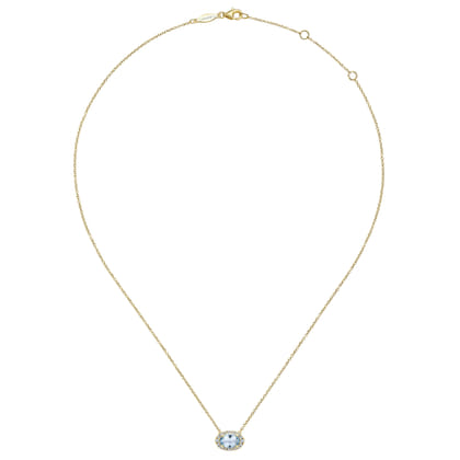 14K Yellow Gold Oval Aquamarine and Diamond Halo Pendant Necklace