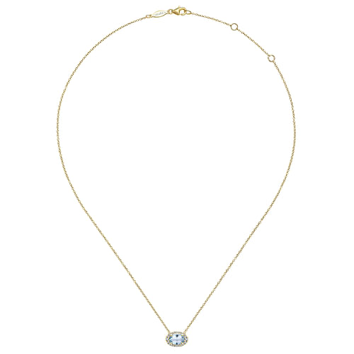 14K Yellow Gold Oval Aquamarine and Diamond Halo Pendant Necklace - 0.14 ct - Shot 2