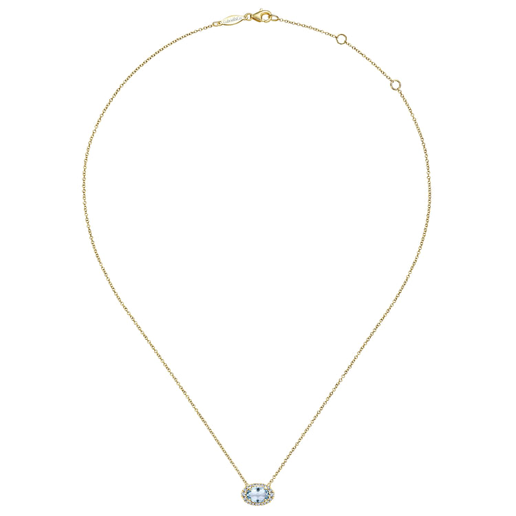 14K Yellow Gold Oval Aquamarine and Diamond Halo Pendant Necklace