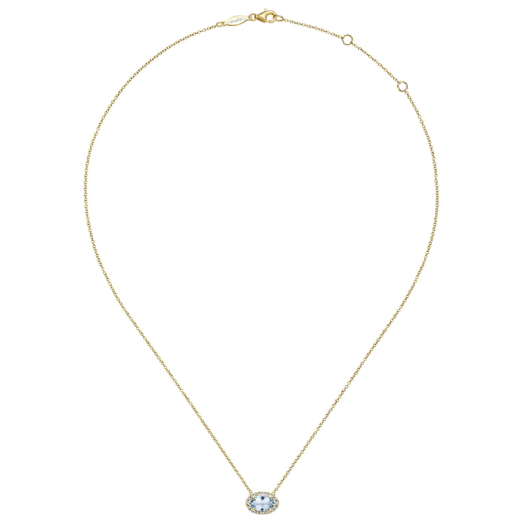 14K Yellow Gold Oval Aquamarine and Diamond Halo Pendant Necklace - 0.14 ct - Shot 2