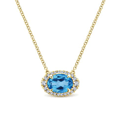 14K Yellow Gold Oval Blue Topaz and Diamond Halo Pendant Necklace