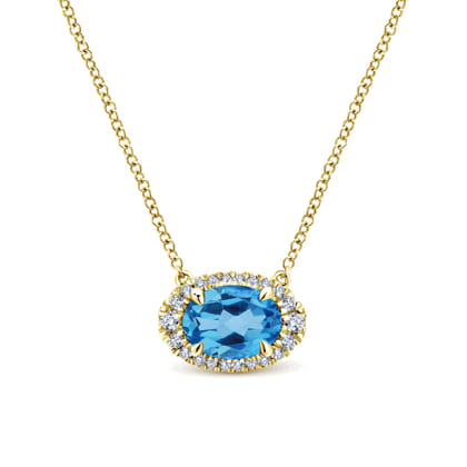 14K Yellow Gold Oval Blue Topaz and Diamond Halo Pendant Necklace
