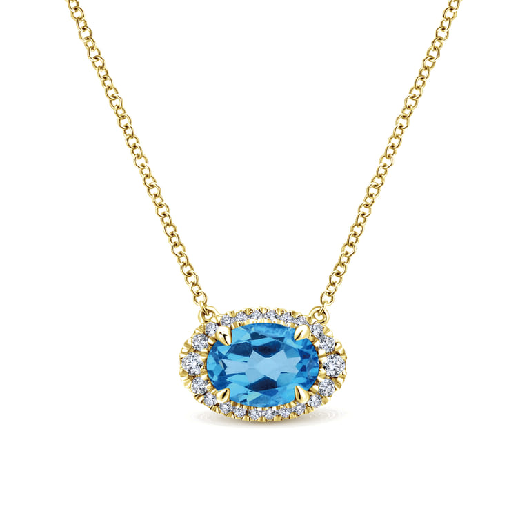 14K Yellow Gold Oval Blue Topaz and Diamond Halo Pendant Necklace - 0.14 ct - Shot 1