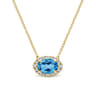 14K Yellow Gold Oval Blue Topaz and Diamond Halo Pendant Necklace - 0.14 ct