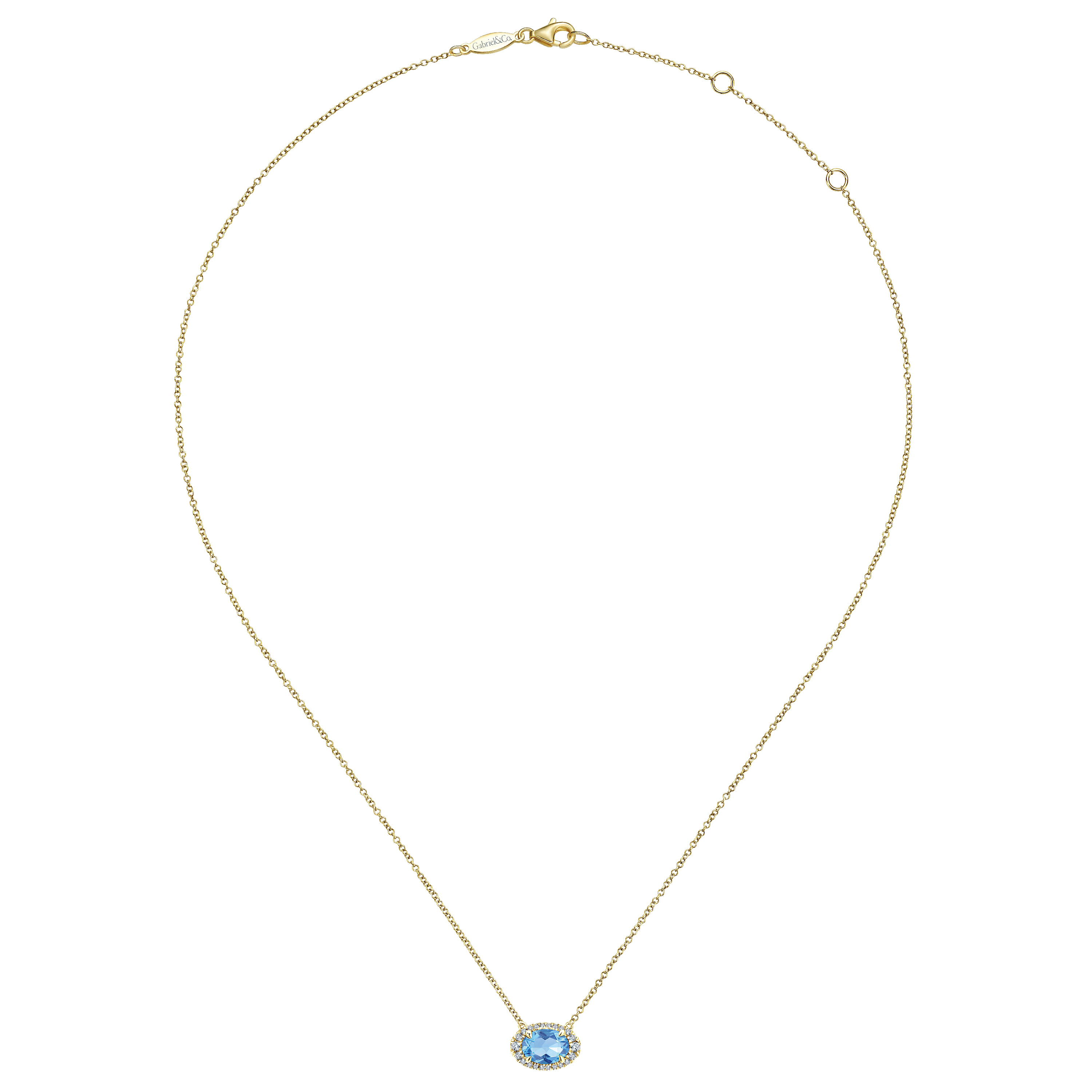 14K Yellow Gold Oval Blue Topaz and Diamond Halo Pendant Necklace - 0.14 ct - Shot 2
