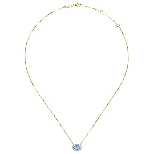 14K Yellow Gold Oval Blue Topaz and Diamond Halo Pendant Necklace - 0.14 ct - Shot 2