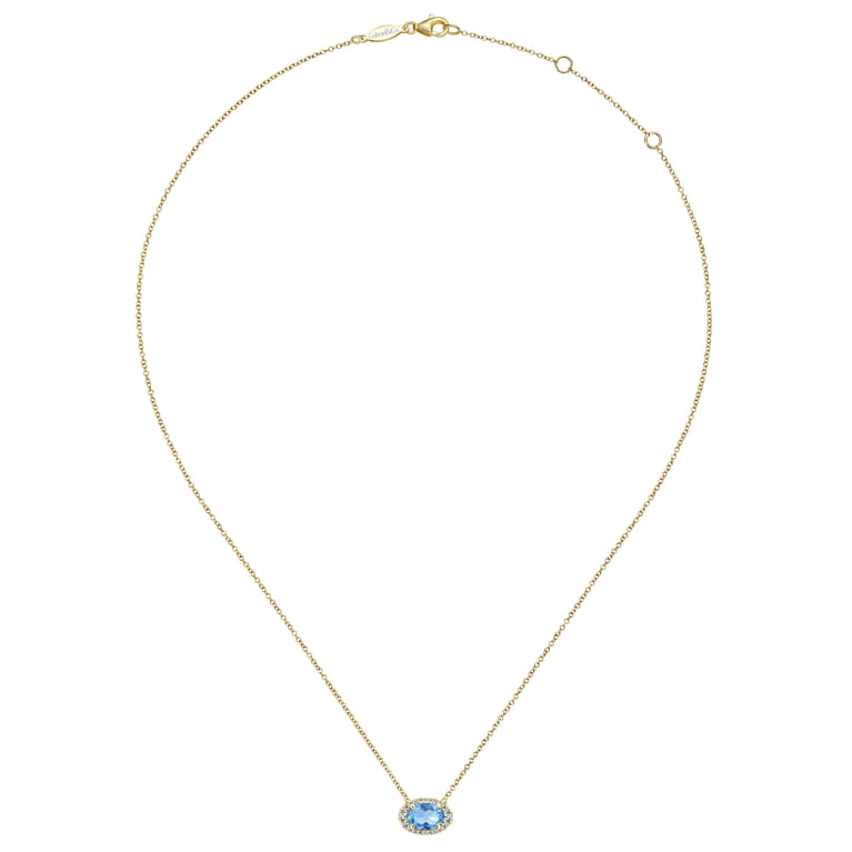 14K Yellow Gold Oval Blue Topaz and Diamond Halo Pendant Necklace - 0.14 ct - Shot 2