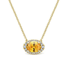 14K Yellow Gold Oval Citrine and Diamond Halo Pendant Necklace