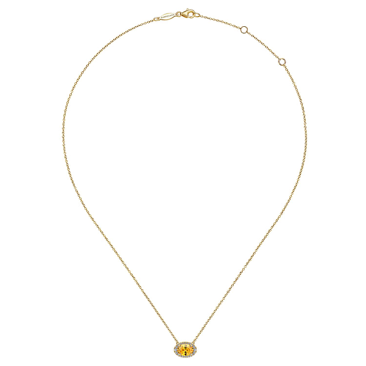 14K Yellow Gold Oval Citrine and Diamond Halo Pendant Necklace
