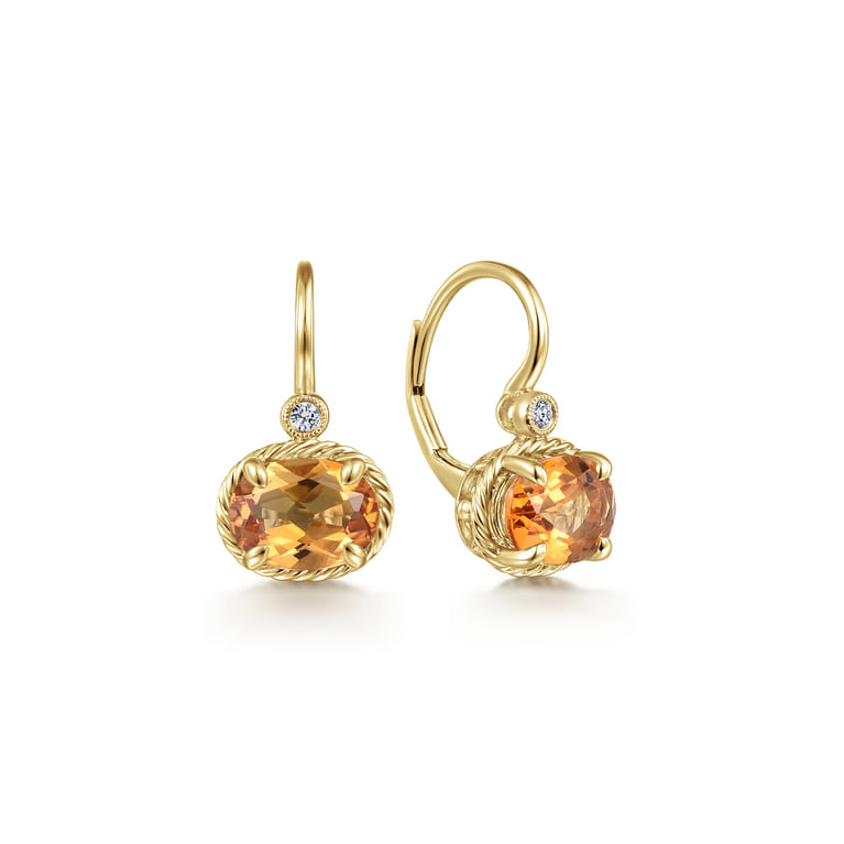 14K Yellow Gold Oval Citrine and Diamond Leverback Earrings - 0.03 ct - Shot 1