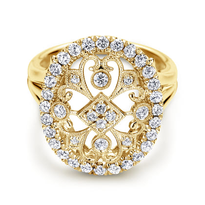 14K Yellow Gold Oval Filligree Diamond Ring