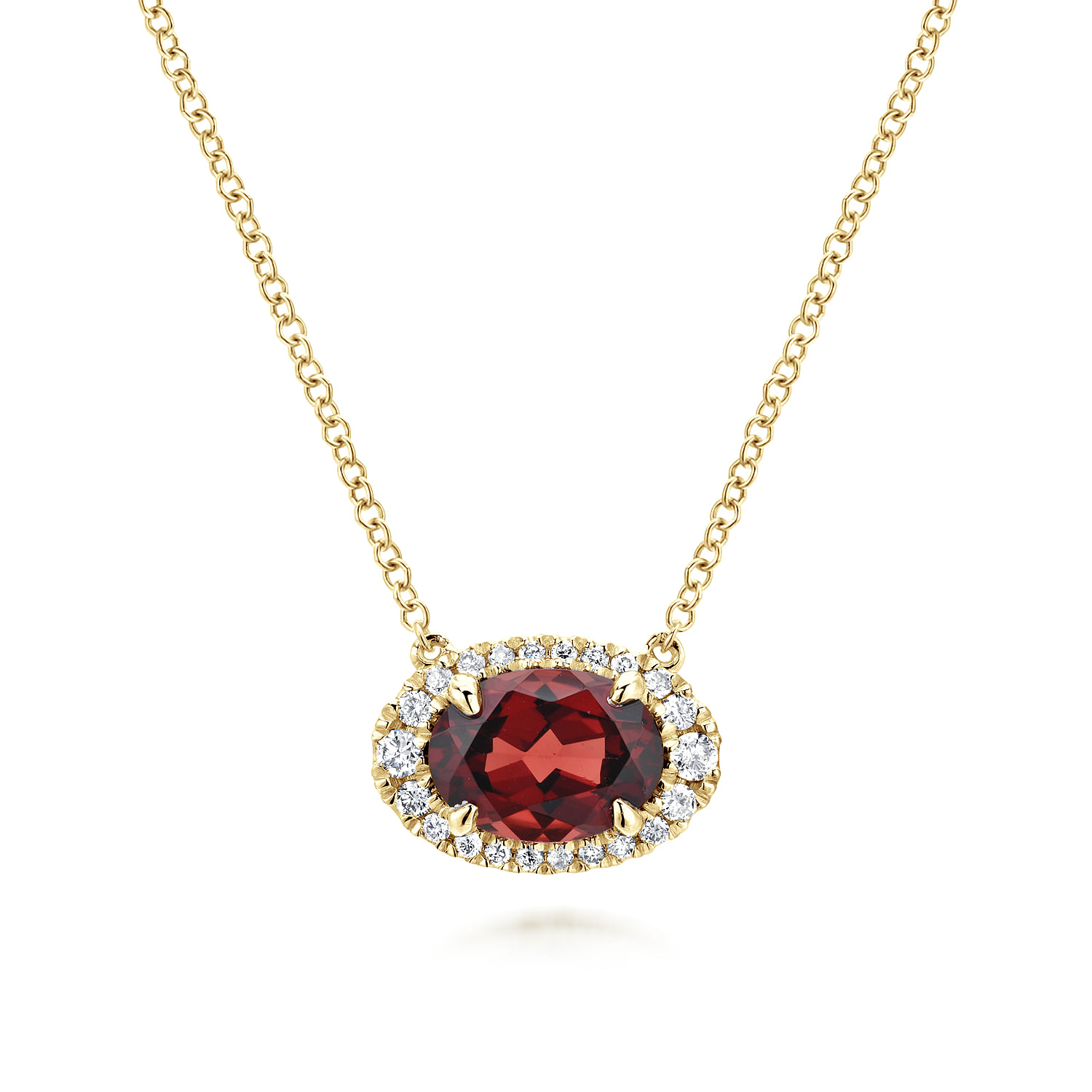 14K Yellow Gold Oval Garnet and Diamond Halo Pendant Necklace