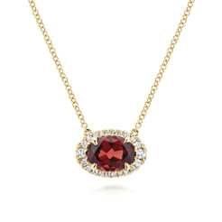 14K Yellow Gold Oval Garnet and Diamond Halo Pendant Necklace