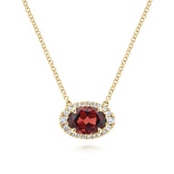 14K Yellow Gold Oval Garnet and Diamond Halo Pendant Necklace