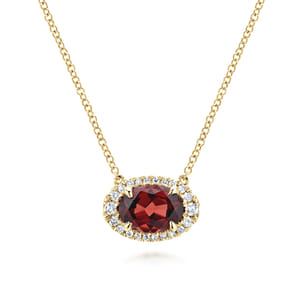14K Yellow Gold Oval Garnet and Diamond Halo Pendant Necklace