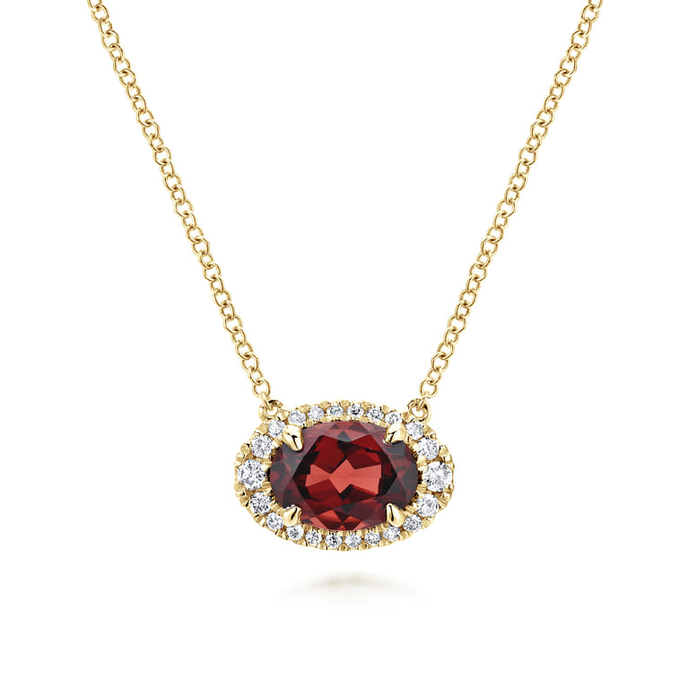14K Yellow Gold Oval Garnet and Diamond Halo Pendant Necklace - 0.14 ct - Shot 1