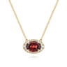 14K Yellow Gold Oval Garnet and Diamond Halo Pendant Necklace - 0.14 ct