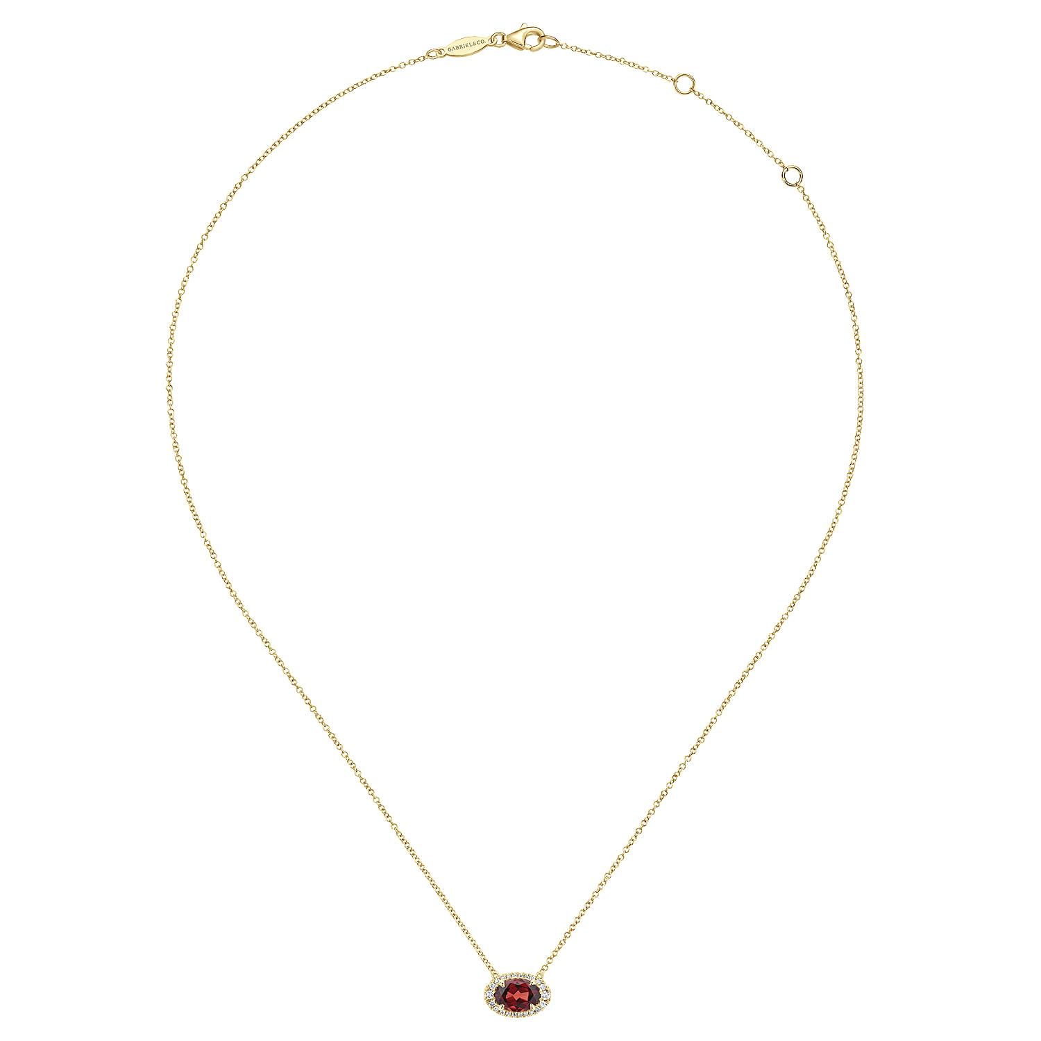 14K Yellow Gold Oval Garnet and Diamond Halo Pendant Necklace