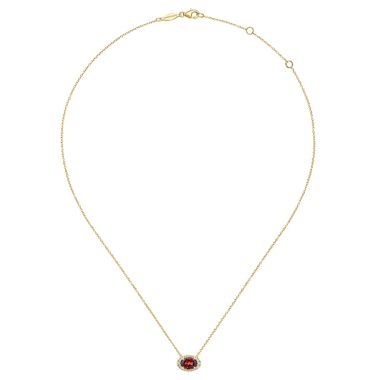 14K Yellow Gold Oval Garnet and Diamond Halo Pendant Necklace - 0.14 ct - Shot 2