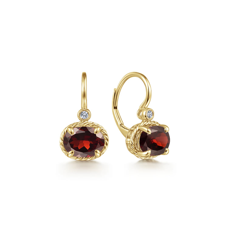 14K Yellow Gold Oval Garnet and Diamond Leverback Earrings - 0.03 ct - Shot 1